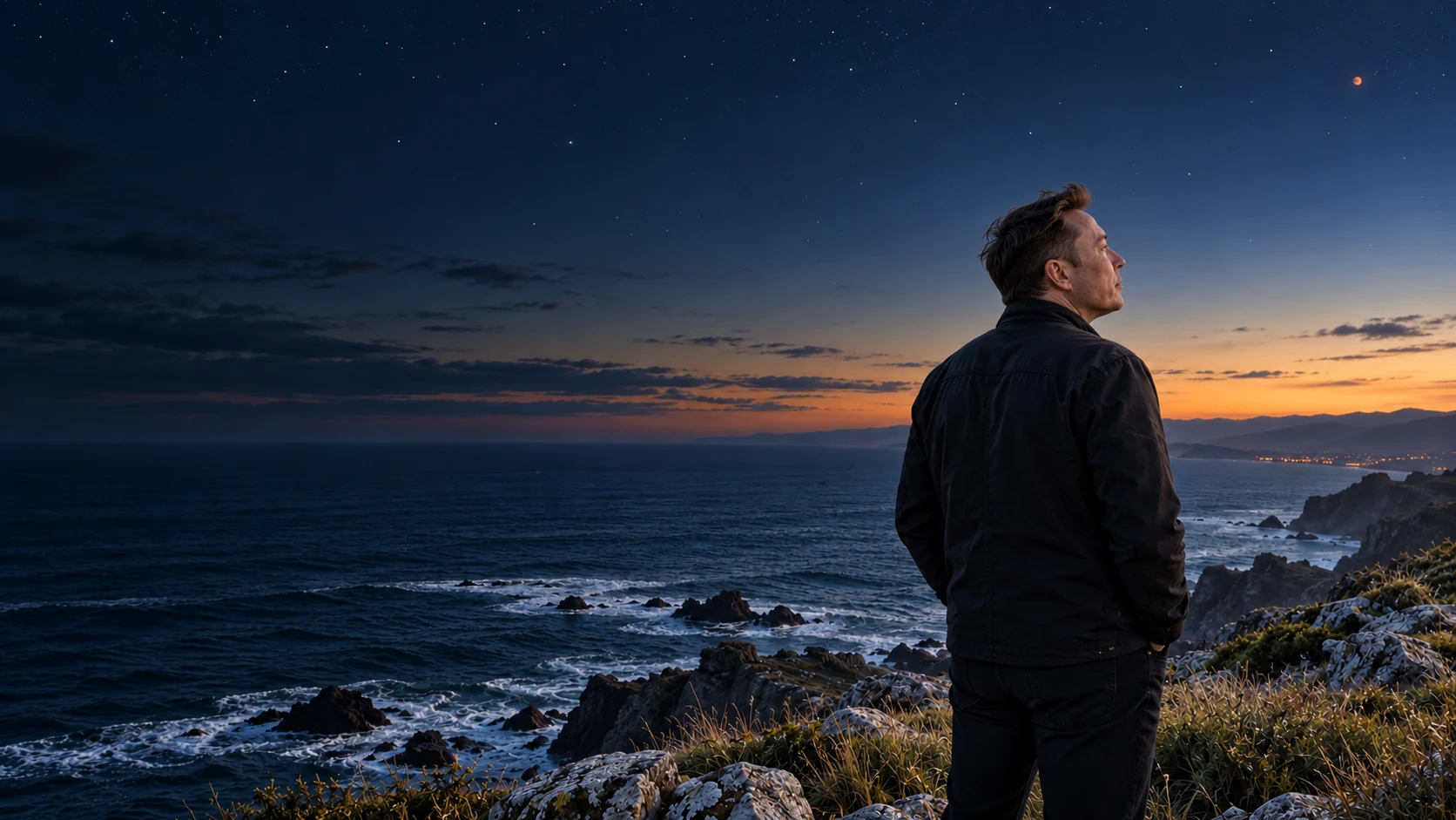 X remains on Earth's coast, looking toward the small, distant red light of Mars above the ocean.