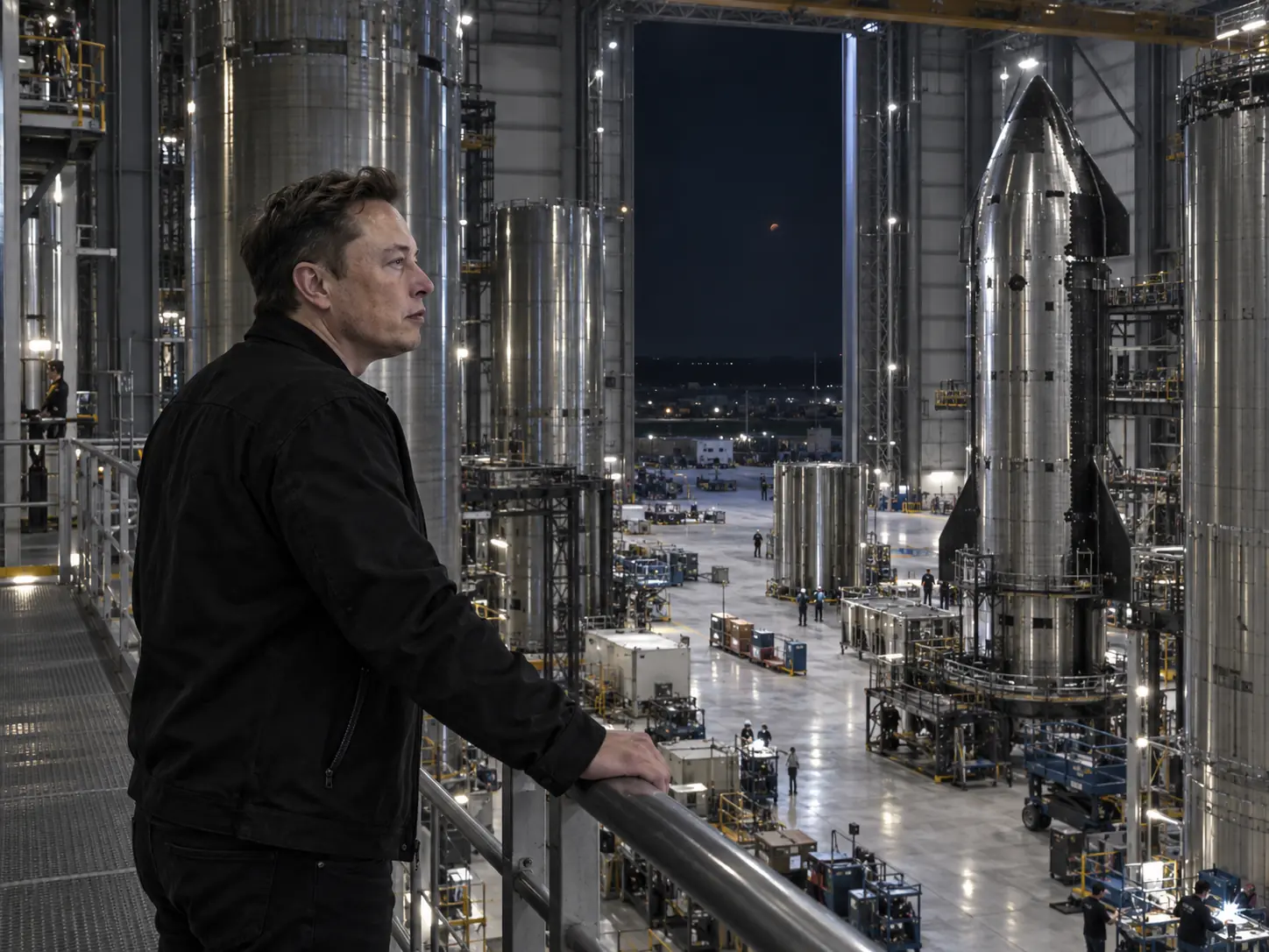X on an engineering walkway inside a vast Starship factory, looking past the machinery toward the distant red point of Mars.
